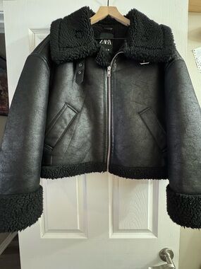 Zara Black Faux Shearling Aviator Bomber Jacket